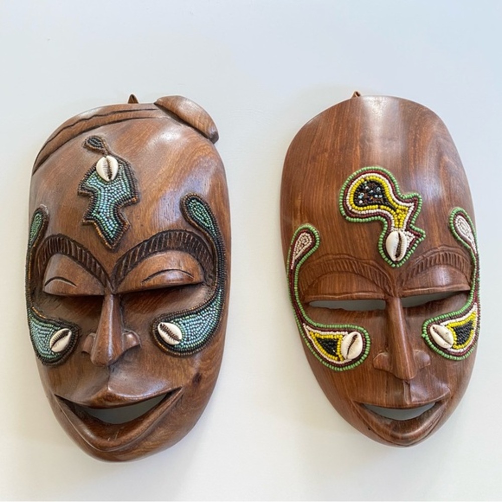 Vintage Wooden Beaded tribal masks. Set of 2